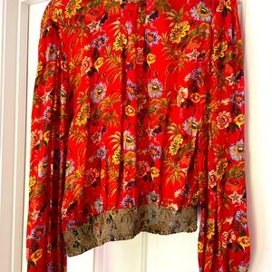 Anthropologie Silk Blouse Sz M Red Floral